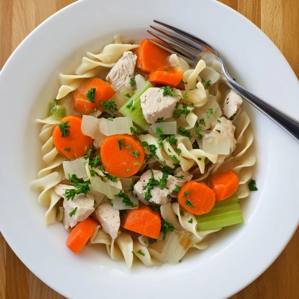 Golden one pot chicken and noodles simmering in savory broth with tender vegetables