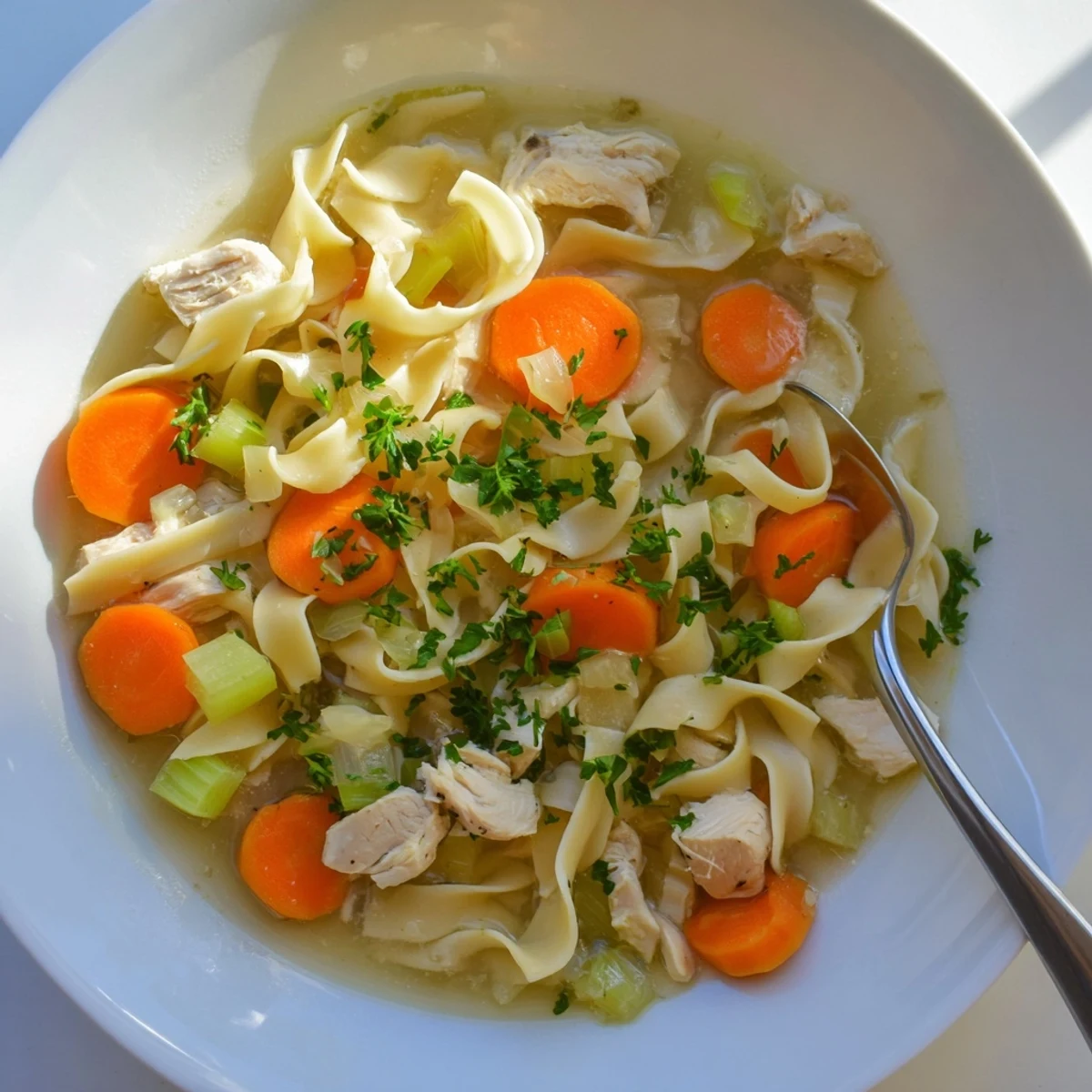 Hearty one pot chicken and noodles featuring wide egg noodles and bite-sized chicken pieces