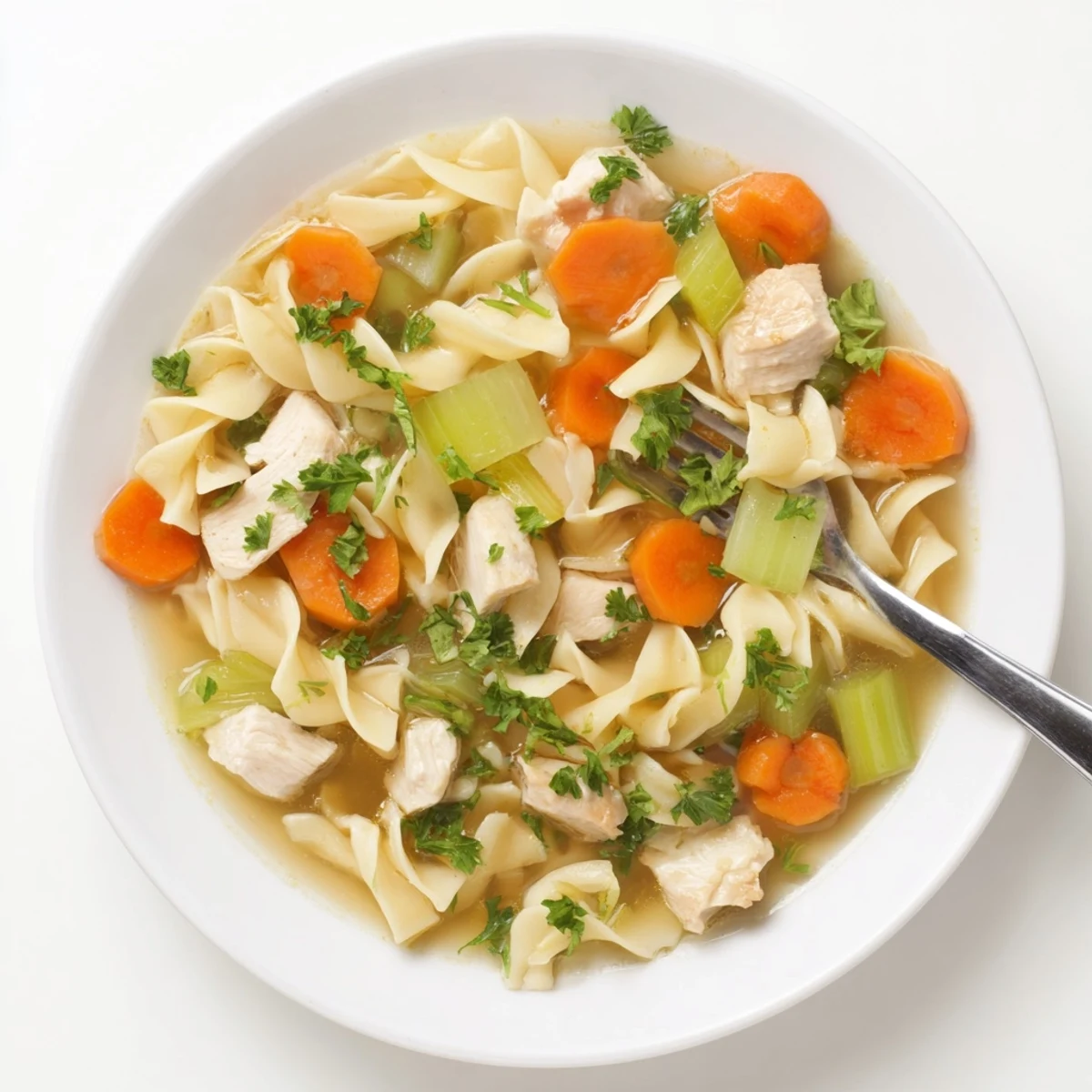 Creamy one pot chicken and noodles served hot with fresh parsley garnish