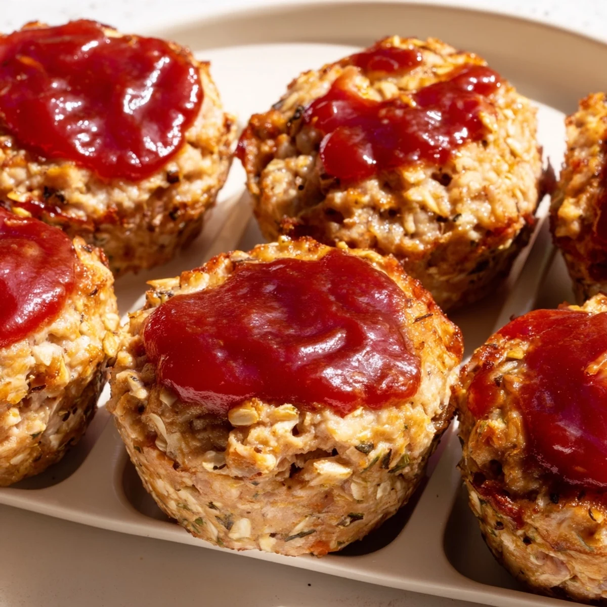Golden brown turkey meatloaf muffins topped with glossy ketchup glaze in muffin tin