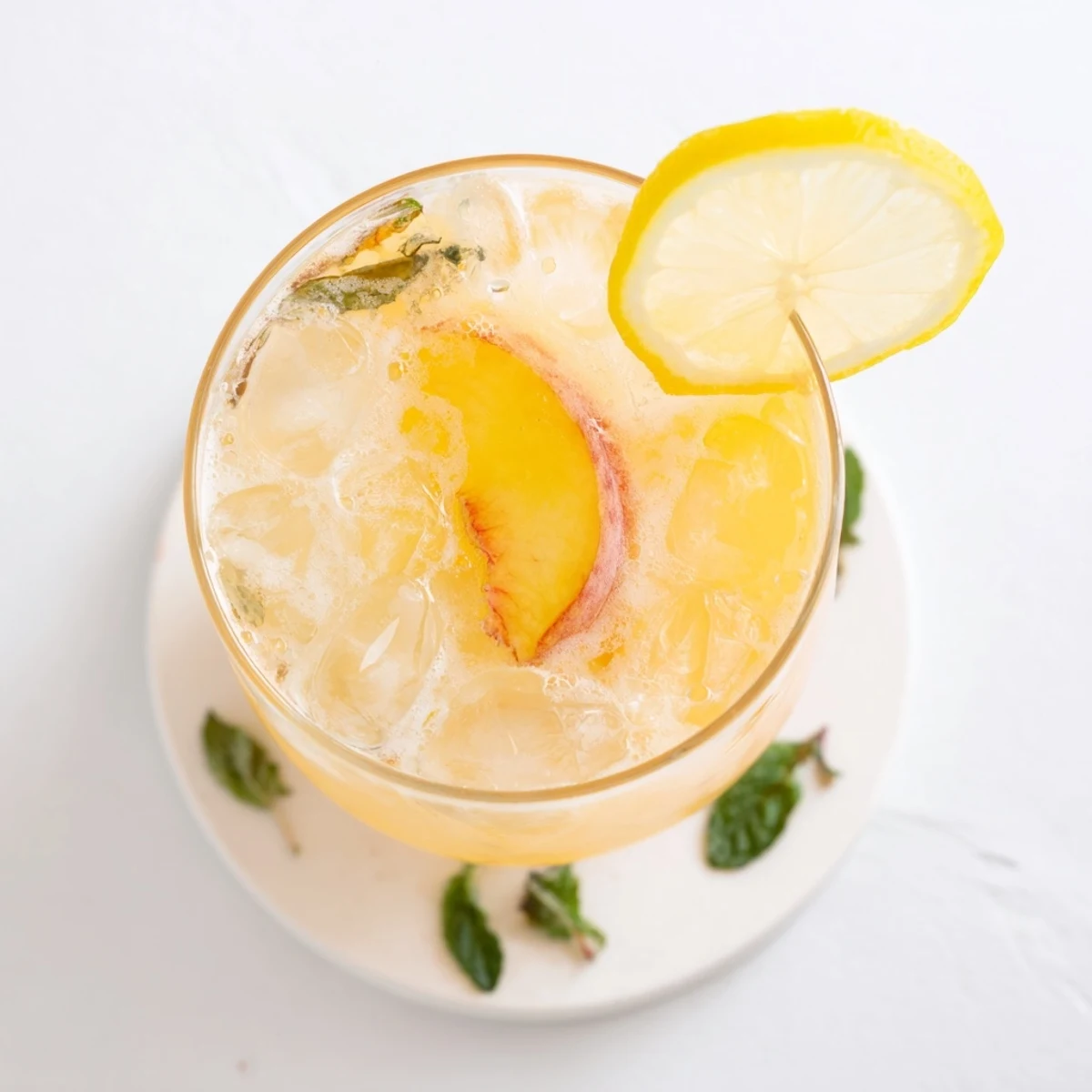 Golden fresh peach lemonade with floating ice cubes and vibrant fruit garnish