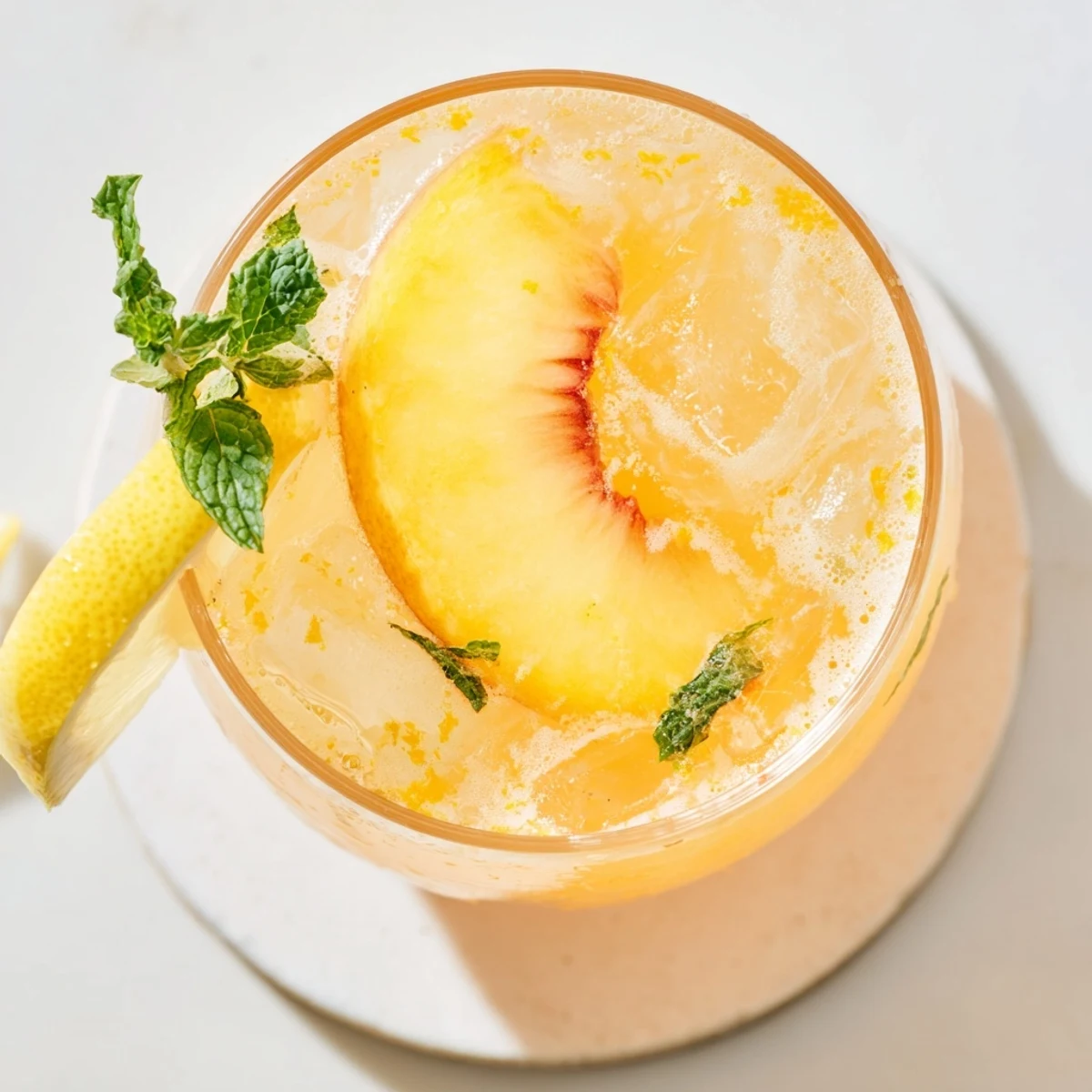 Glasses of homemade peach lemonade topped with fresh peach slices and lemon wheels