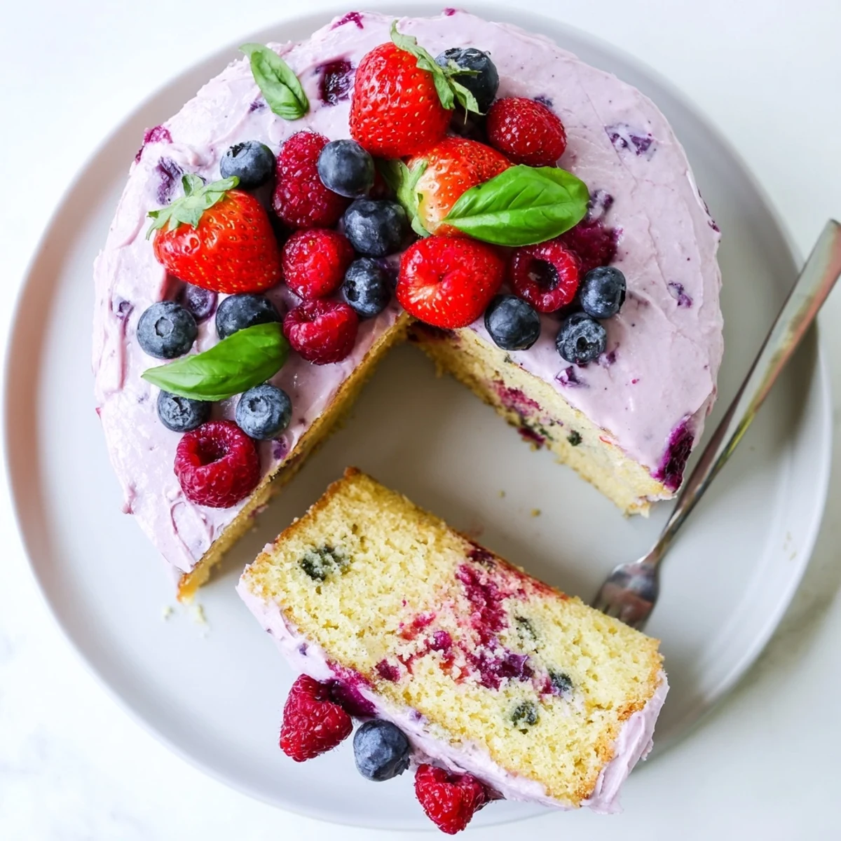 Frosted basil berry cake on a white plate decorated with colorful mixed berries