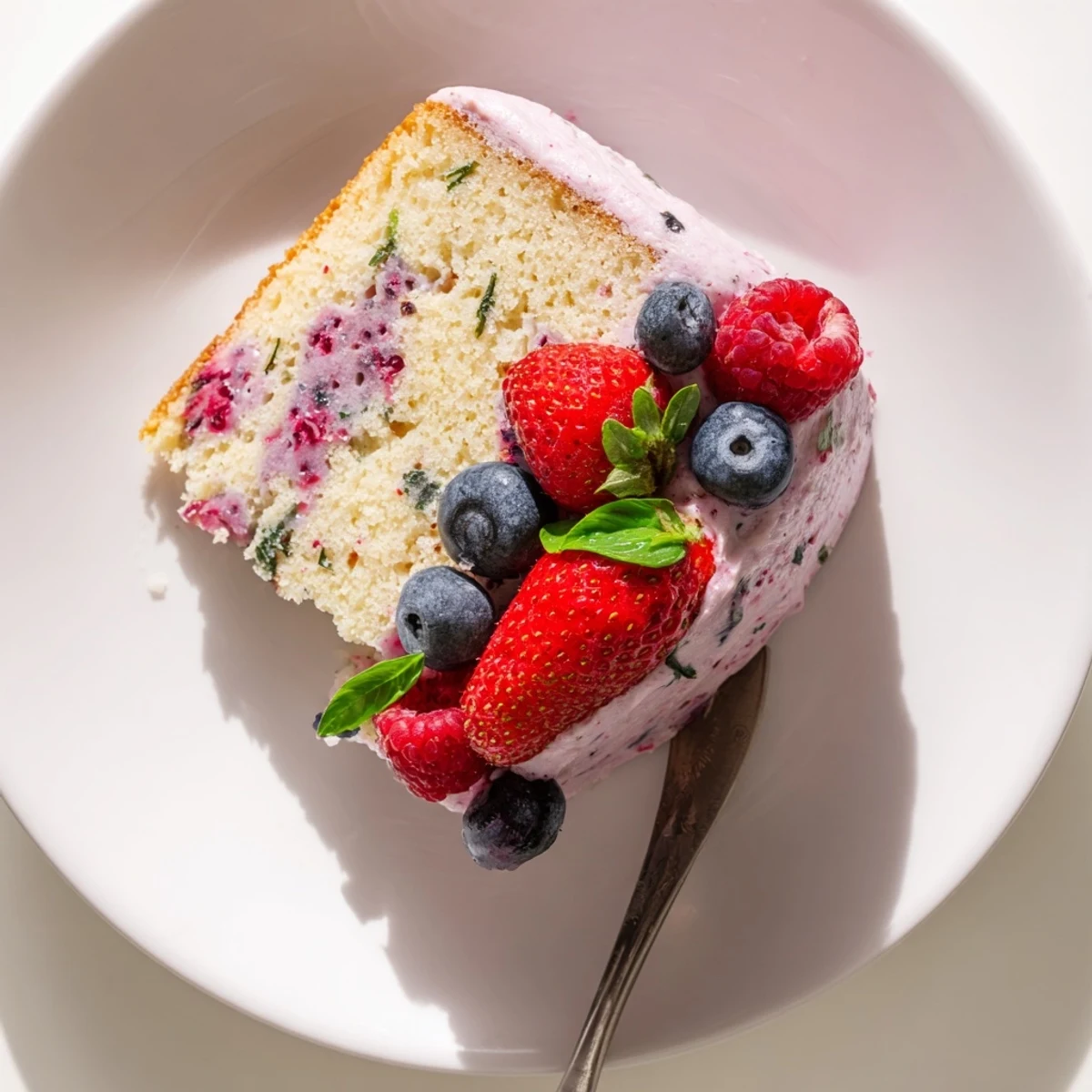 Slice of basil berry cake topped with fresh berries and green basil leaves