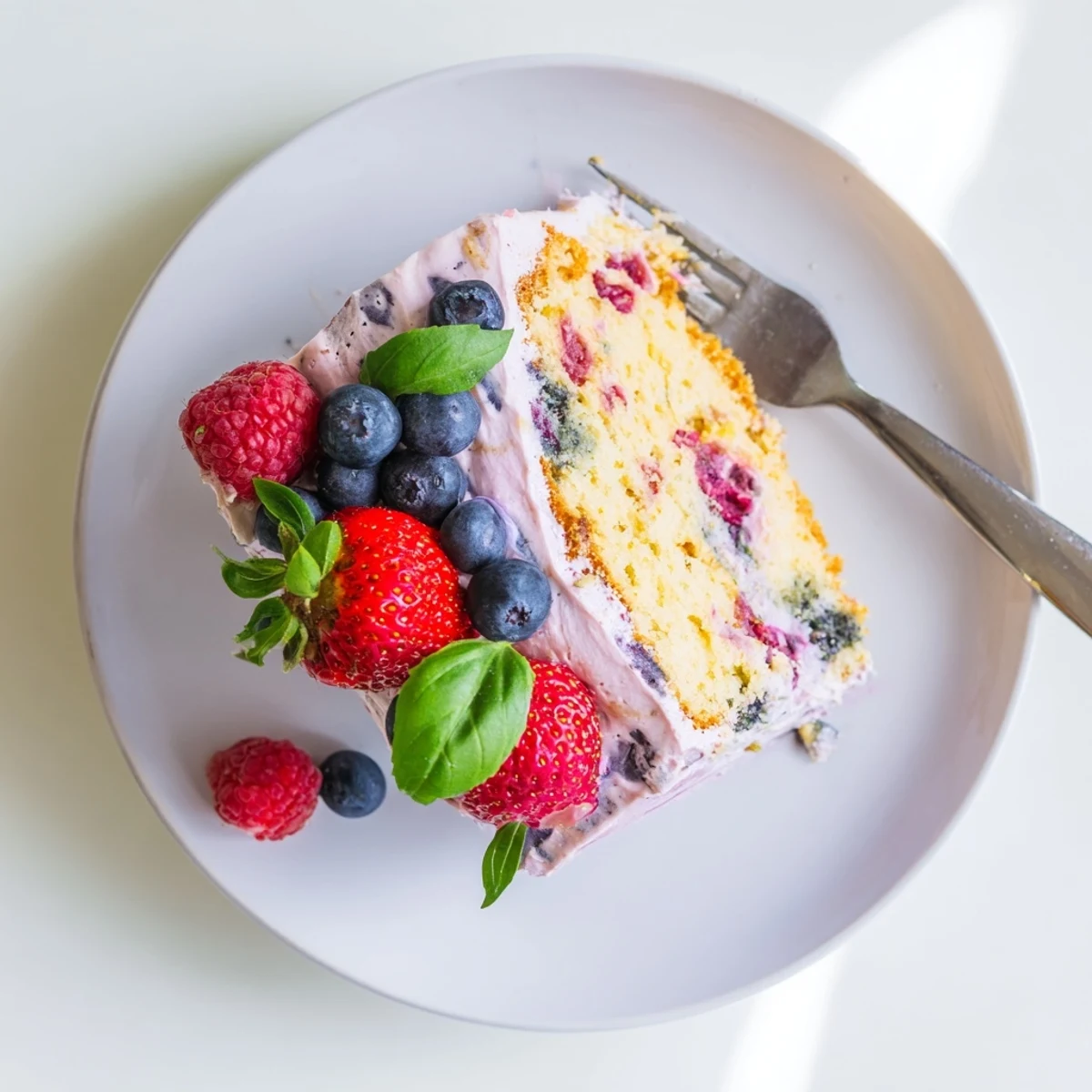 Homemade basil berry cake with pink basil frosting and fresh berry garnish
