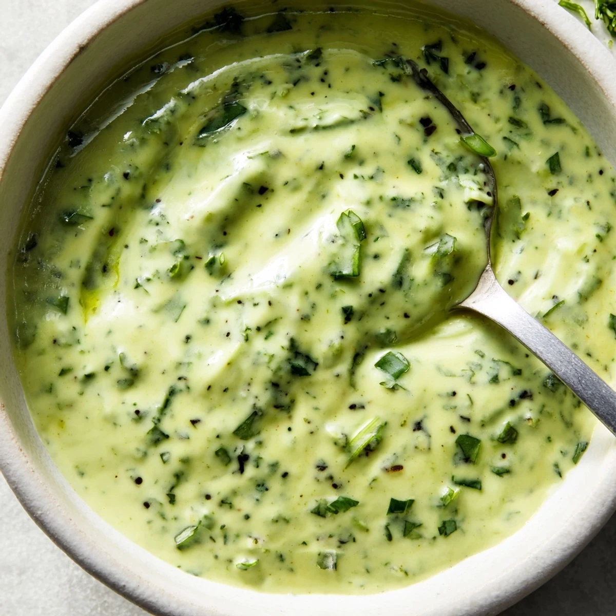 Creamy Peruvian green sauce aji verde drizzled over grilled chicken in rustic bowl