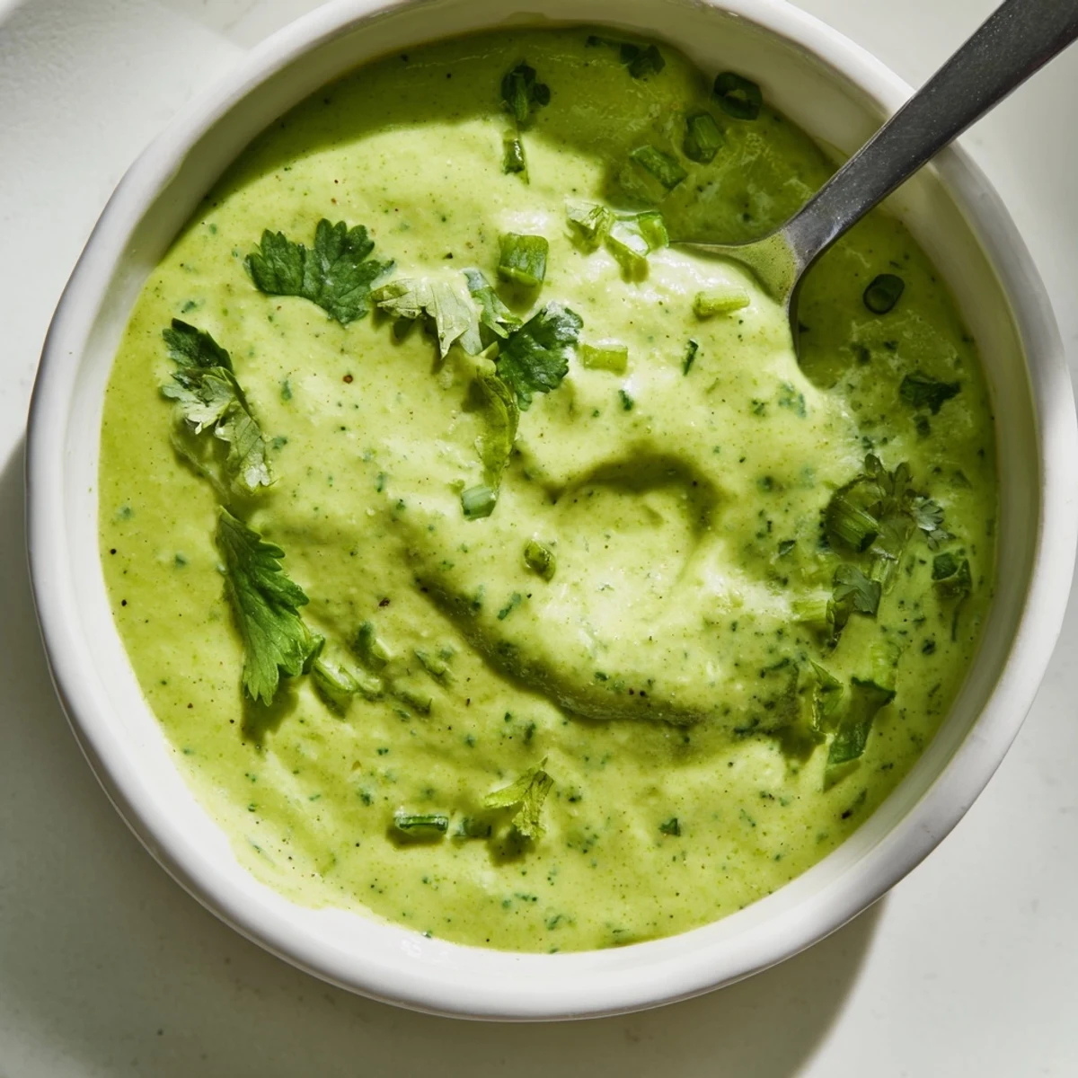 Fresh homemade Peruvian green sauce aji verde in glass jar with cilantro garnish