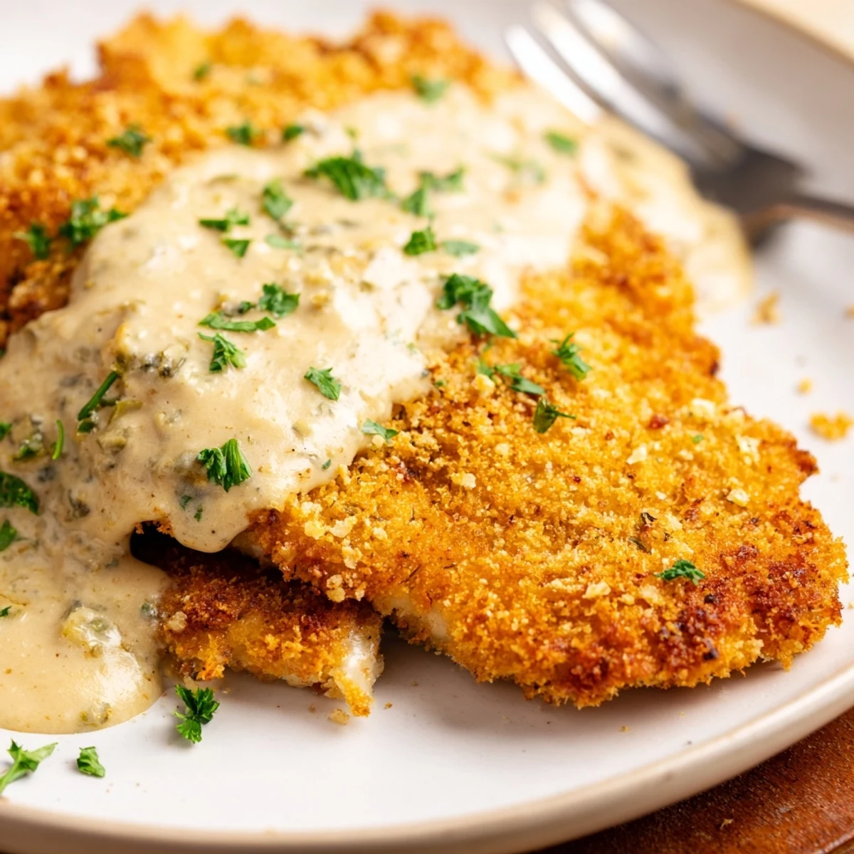 Golden crusted chicken topped with velvety sauce in Crispy Chicken Creamy Sauce Recipe