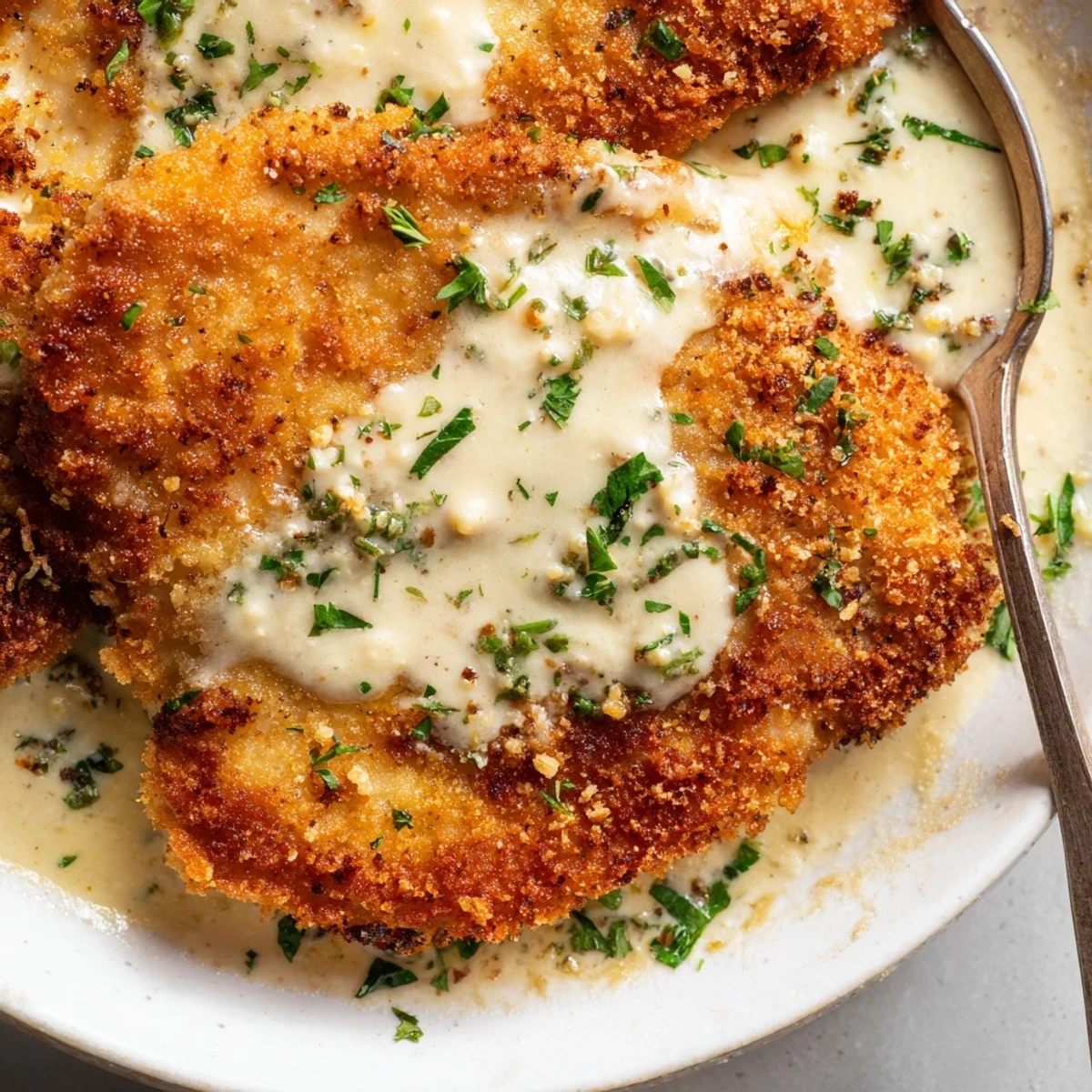 Pan seared garlic kissed chicken with Parmesan crust in Crispy Chicken Creamy Sauce Recipe