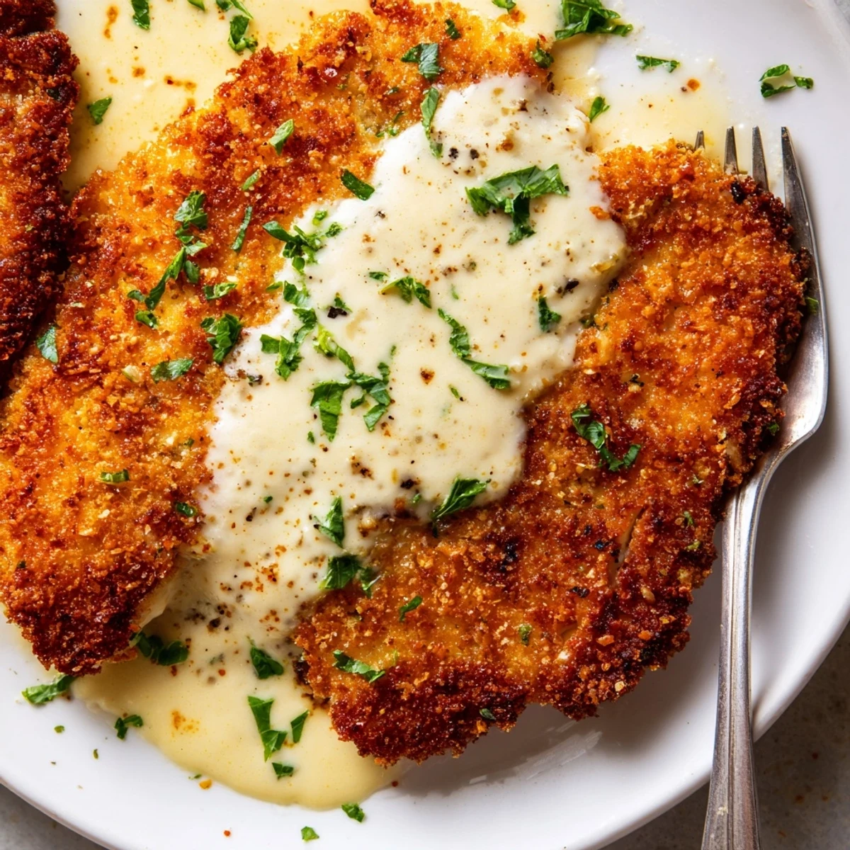 Crispy Chicken Creamy Sauce Recipe served hot over buttery mashed potatoes, comforting weeknight
