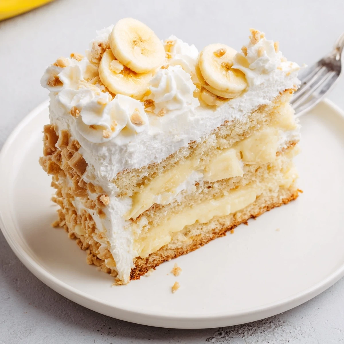 Banana Pudding Cake Recipe: moist layers, creamy vanilla filling, sliced bananas garnish.