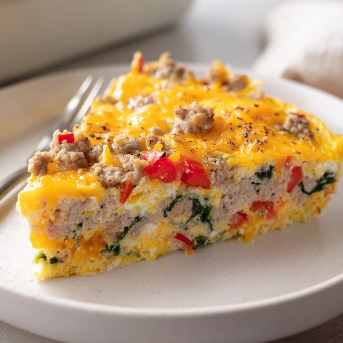 Warm High Protein Egg Casserole with golden cheesy top and spinach flecks