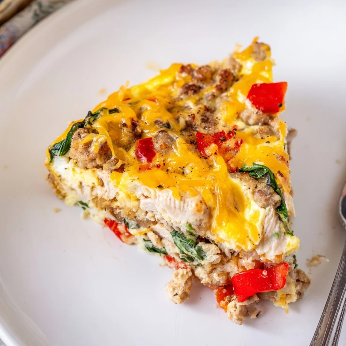 Baked High Protein Egg Casserole studded with turkey sausage, melted cheddar goodness