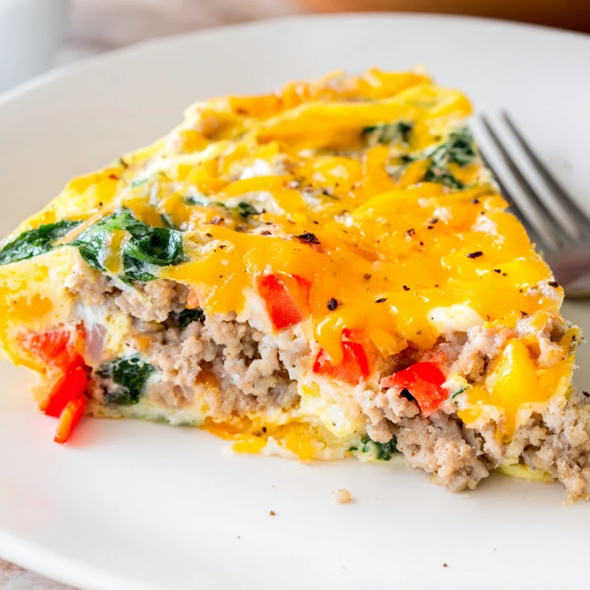 Sliced High Protein Egg Casserole on plate, steaming, served with salsa