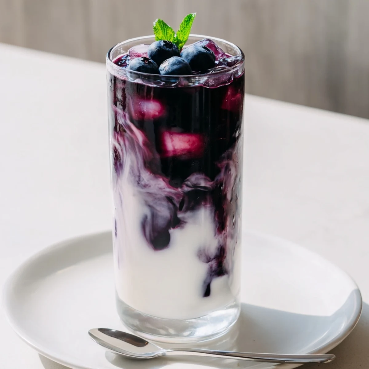 Chilled Blueberry Milk Tea Cooler garnished with fresh blueberries and mint.