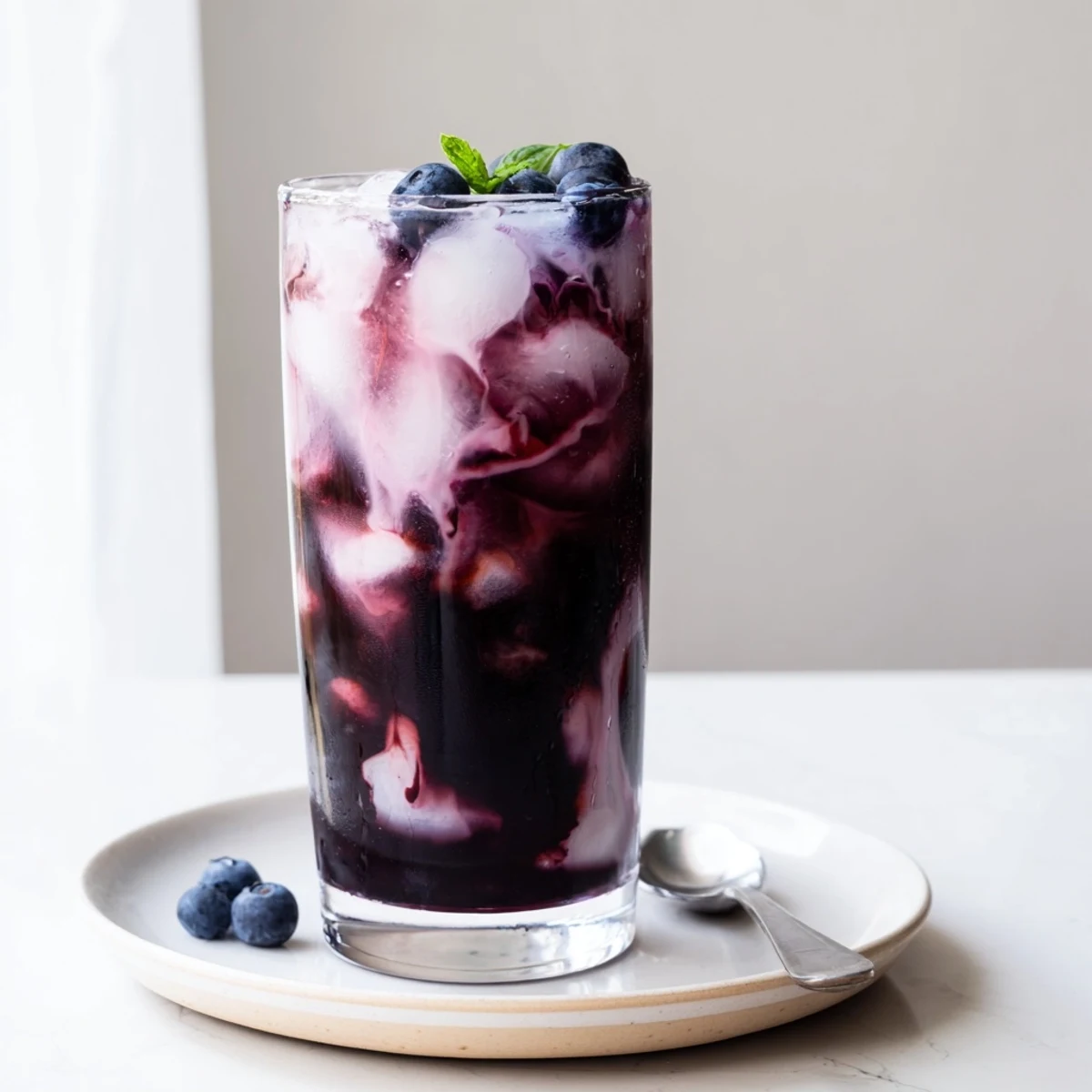 Blueberry Milk Tea Cooler in tall glass with ice, frothy milk swirl.