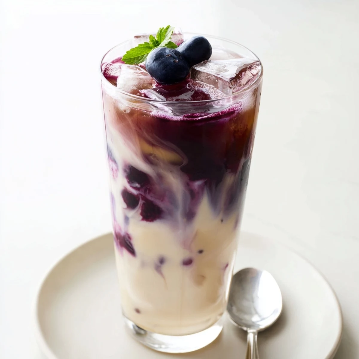 Creamy Blueberry Milk Tea Cooler served with straw, bright syrup pooling.