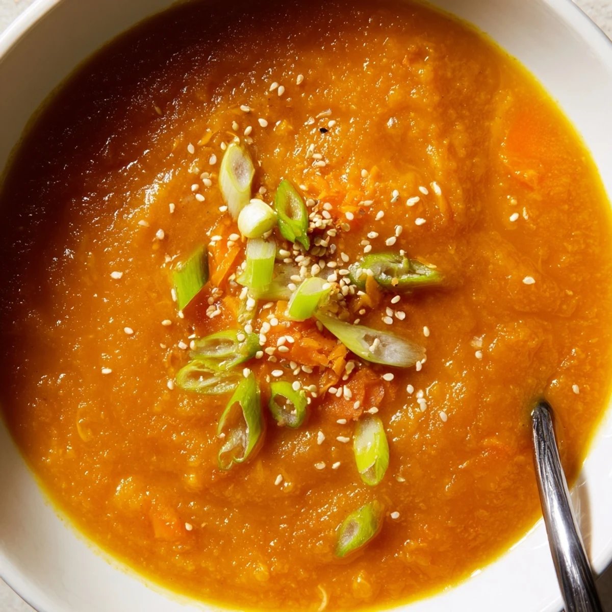 A rustic Carrot Ginger Miso Soup Recipe garnished with scallions, nutty sesame.
