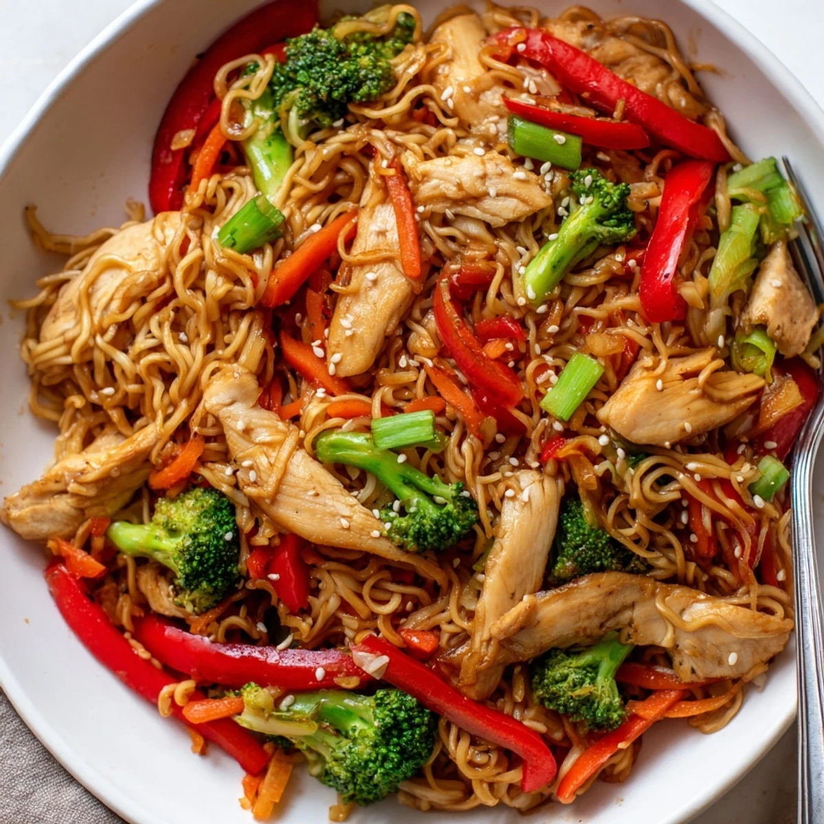 Chicken Ramen Stir Fry with glossy sesame sauce, tender chicken and crisp vegetables