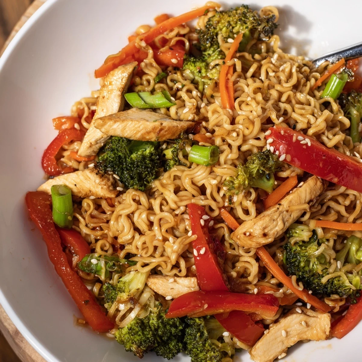 Easy weeknight Chicken Ramen Stir Fry garnished with sesame seeds and lime