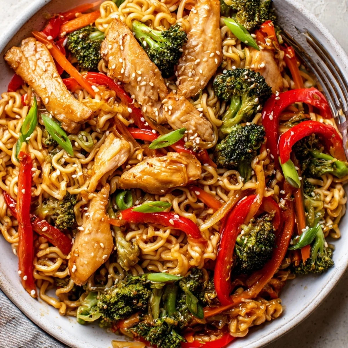 Skillet Chicken Ramen Stir Fry steaming, bouncy noodles tossed with scallions