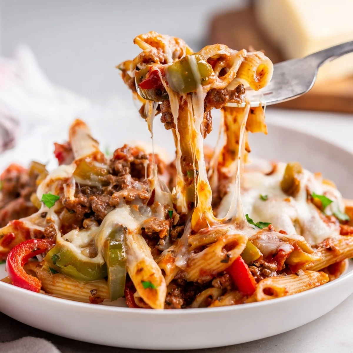 Cheesy Stuffed Pepper Skillet Pasta bubbling with melted cheese and roasted peppers