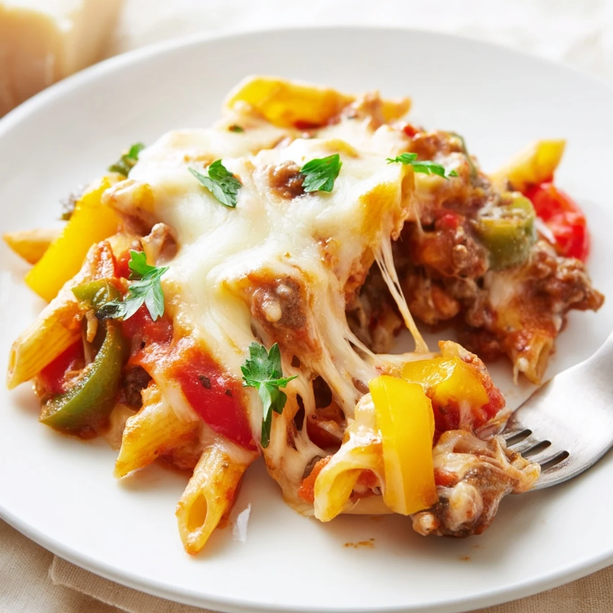 Hot Cheesy Stuffed Pepper Skillet Pasta steaming, garnished with fresh parsley