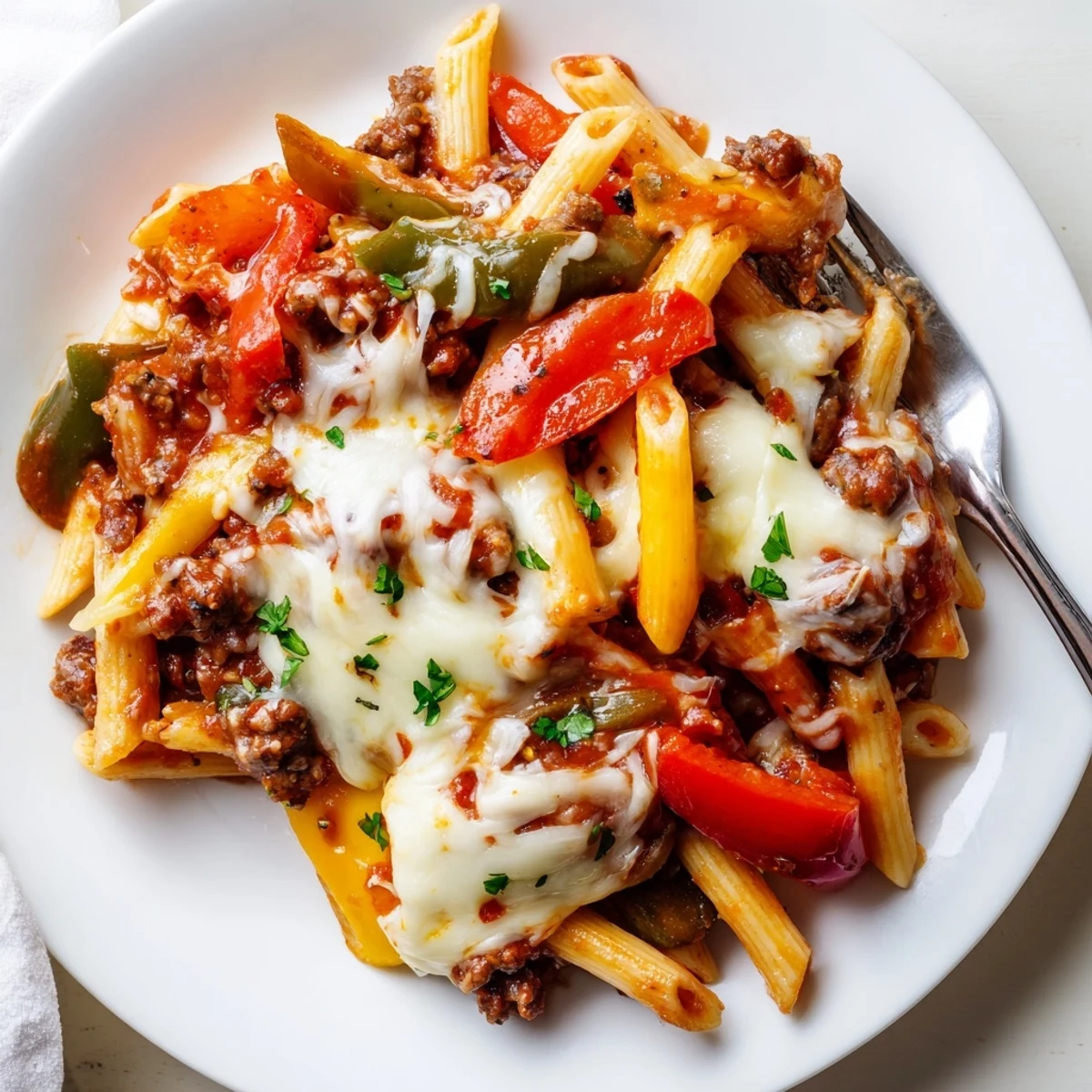 Weeknight favorite Cheesy Stuffed Pepper Skillet Pasta with gooey cheese, savory meat