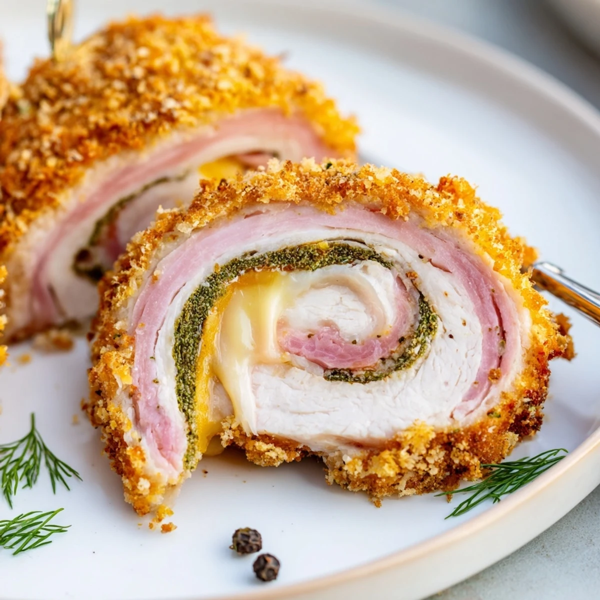 Crispy Pickle Brined Chicken Rolls sliced, gooey cheese oozing, golden breadcrumb crust