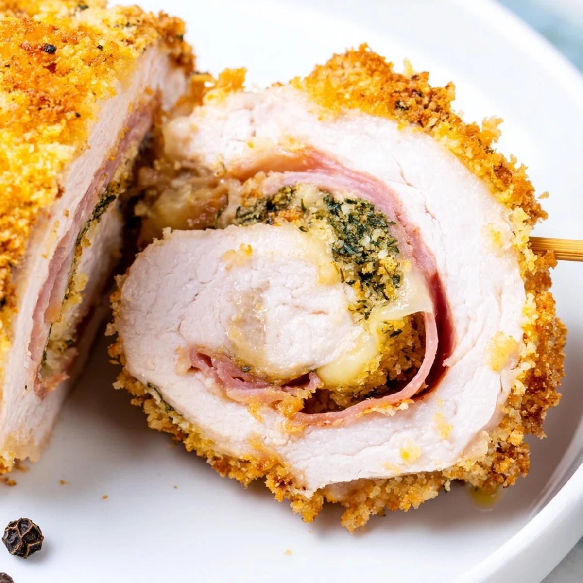 Pan-fried Crispy Pickle Brined Chicken Rolls resting five minutes, herb-sprinkled, juicy centers