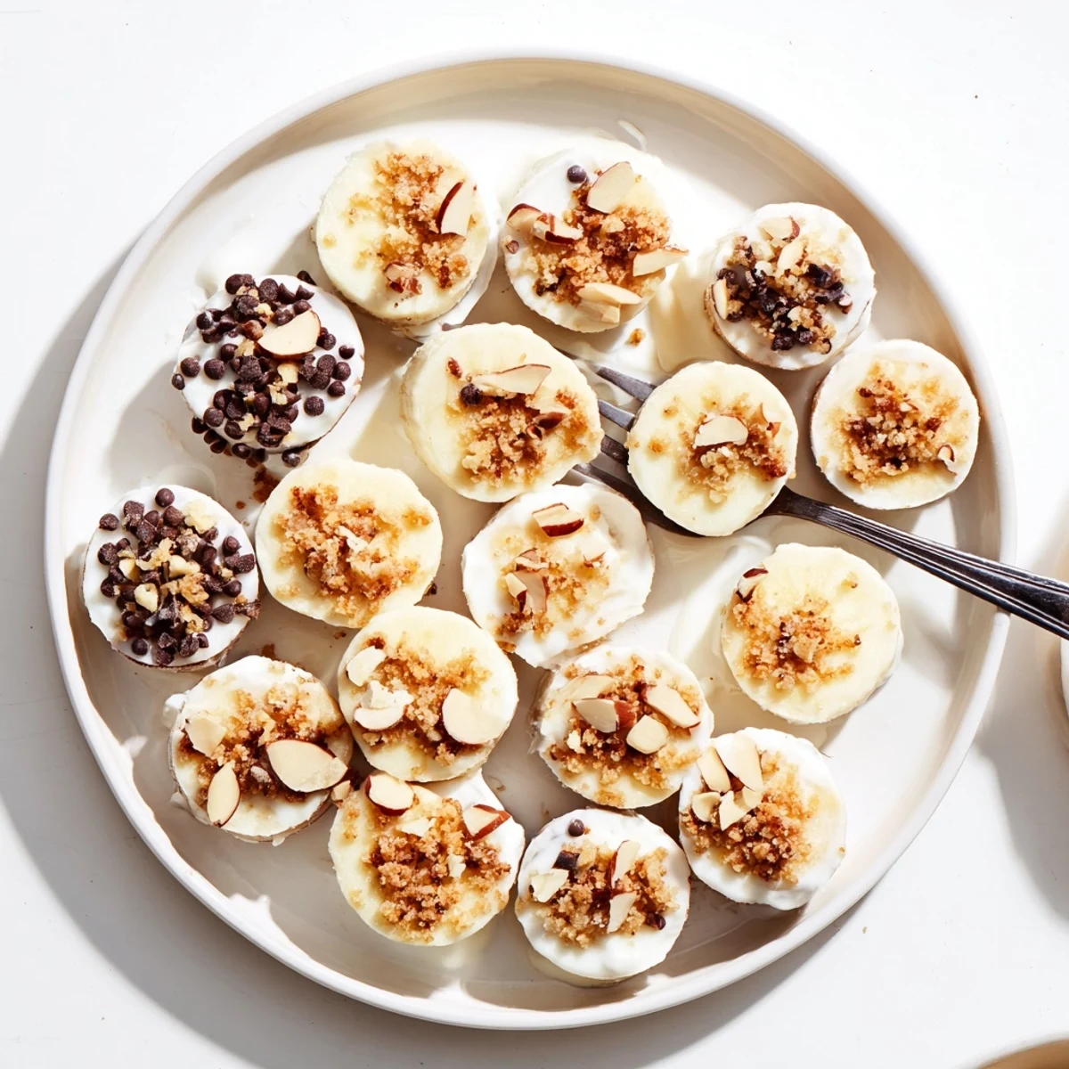 Frozen Banana Yogurt Bites on parchment, creamy coating and chocolate chip topping