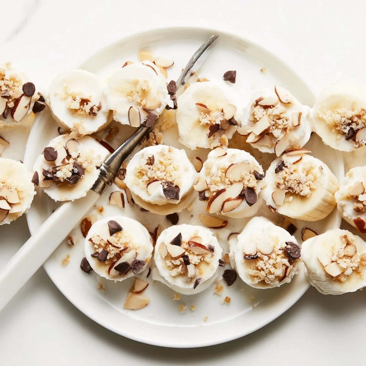 Tray of Frozen Banana Yogurt Bites, crisp edges, bite-sized, ideal summer snack