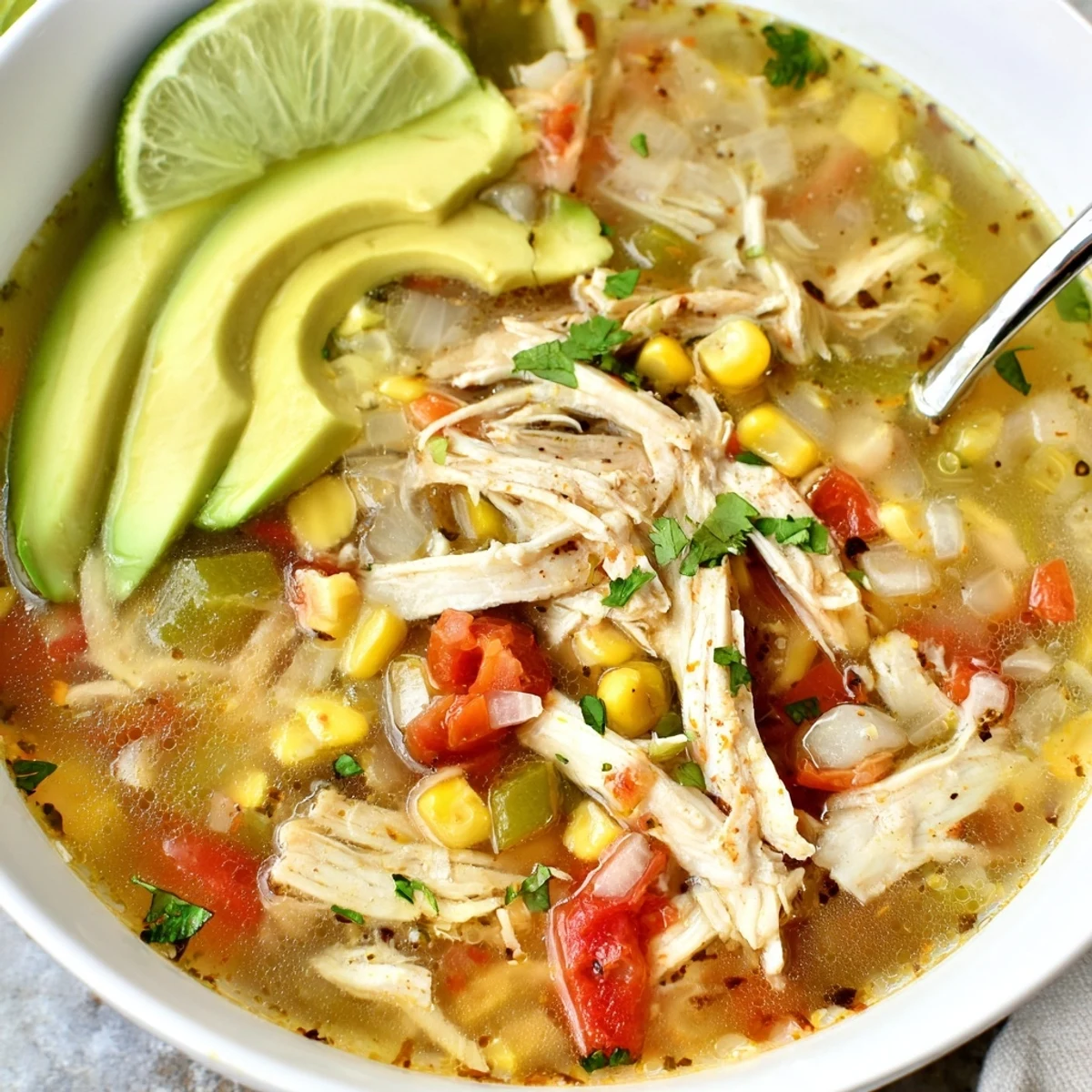 Bowl of Bold Zesty Chicken Lime Soup Recipe steaming, cilantro and avocado garnish