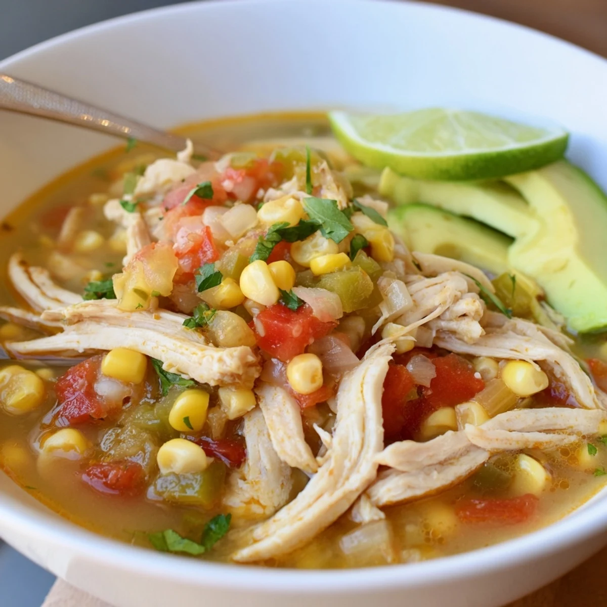 Hearty Bold Zesty Chicken Lime Soup Recipe with shredded chicken and lime wedges