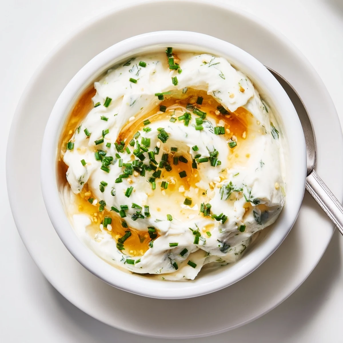 Creamy, tangy Hot Honey Ranch Dip drizzled with extra hot honey, garnished with chives