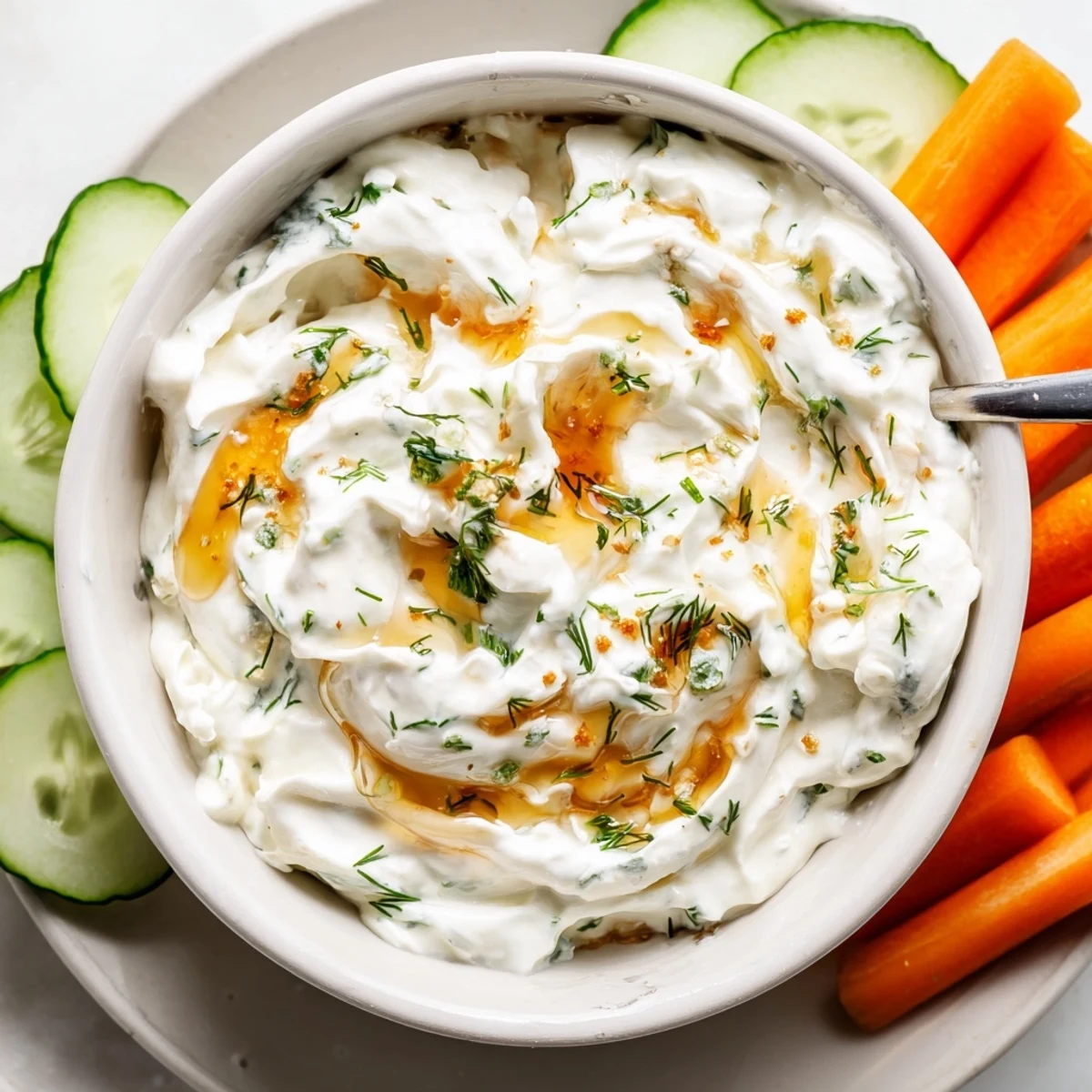 Chilled Hot Honey Ranch Dip in a bowl alongside crisp vegetables for dipping