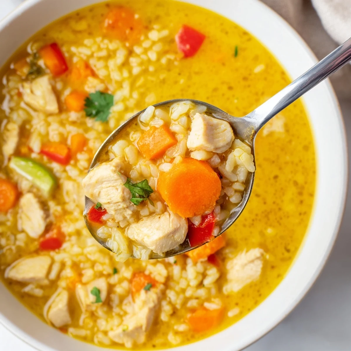 Creamy Golden Coconut Chicken Rice Soup, fragrant turmeric and ginger aromas.
