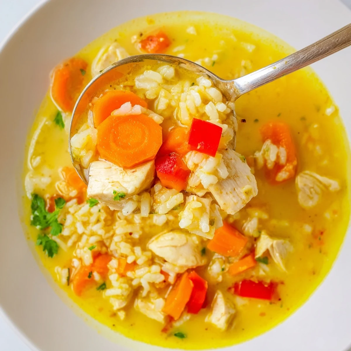 Steaming Golden Coconut Chicken Rice Soup with lime wedges and cilantro garnish.