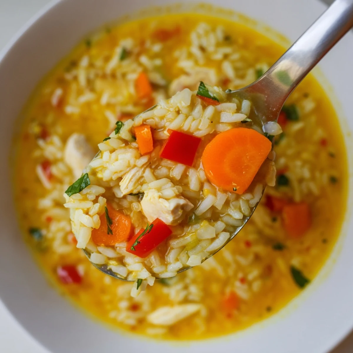 Golden Coconut Chicken Rice Soup ladled from Dutch oven, rich coconut creaminess.