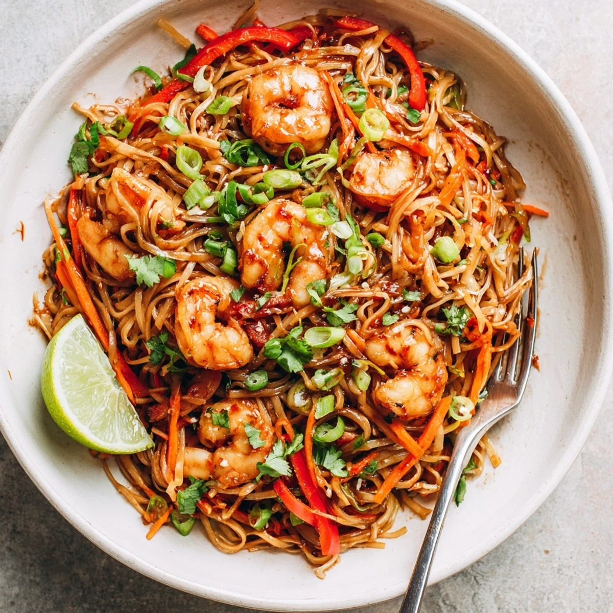 Spicy Garlic Shrimp Noodles Recipe with glossy sauce, cilantro, lime wedge