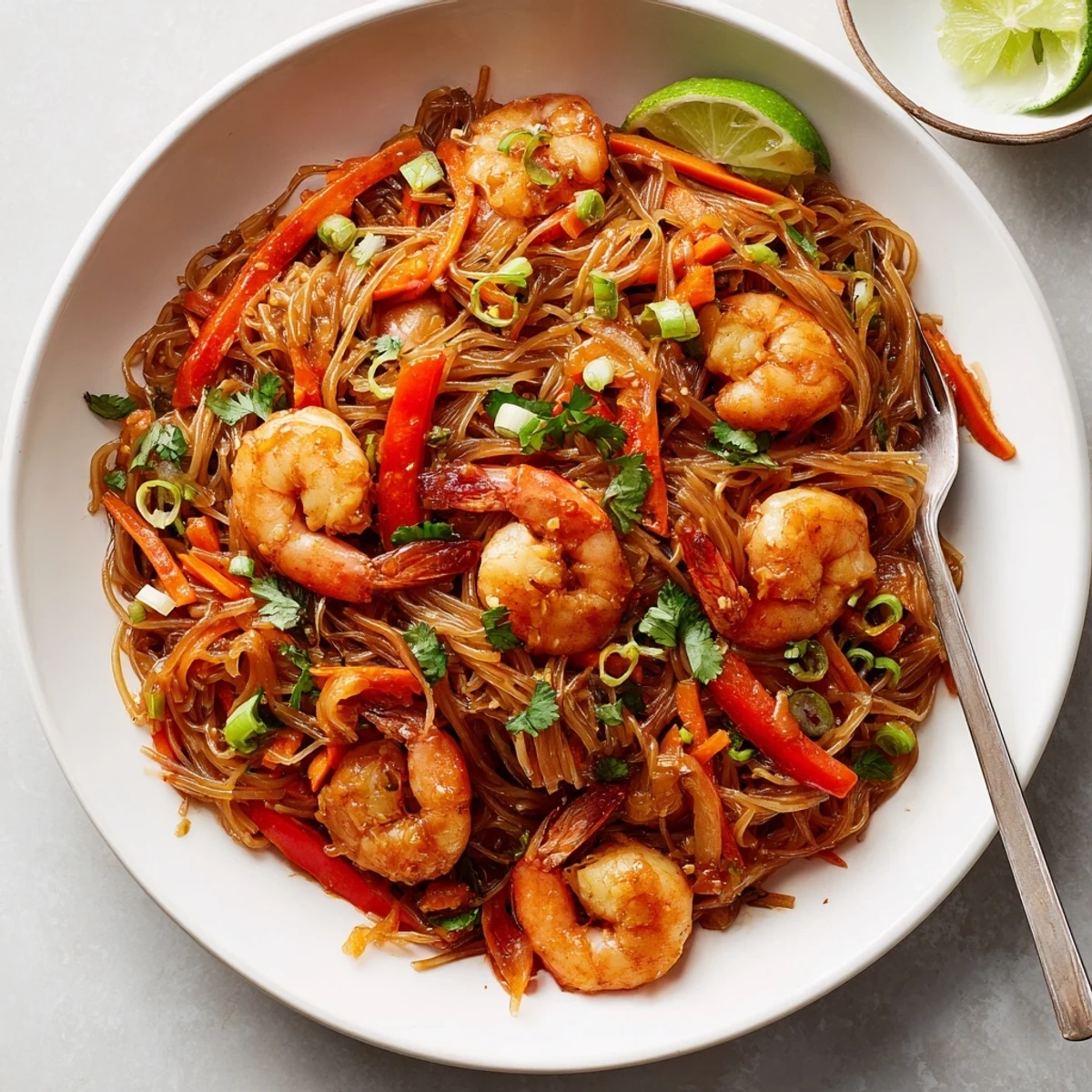 Weeknight ready Spicy Garlic Shrimp Noodles Recipe plated with crisp bell pepper