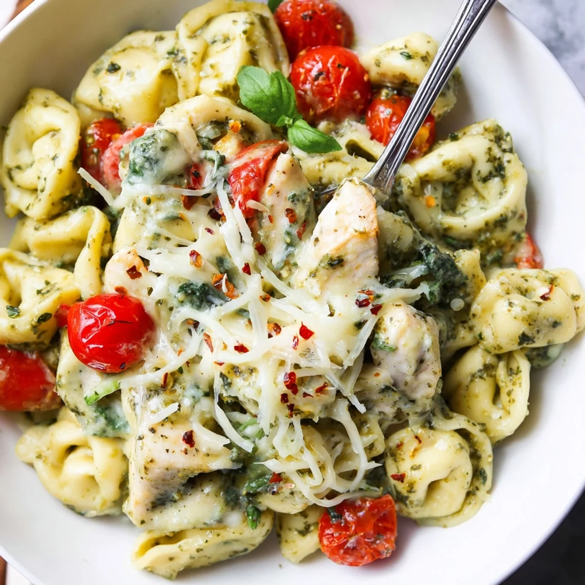 Slow Cooker Tortellini Casserole With Cheesy Chicken Pesto bubbling, creamy, ready for family dinner.