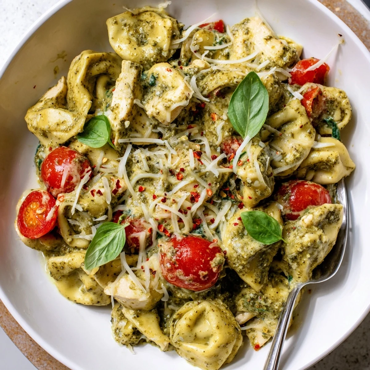 Warm Slow Cooker Tortellini Casserole With Cheesy Chicken Pesto served with crusty bread.