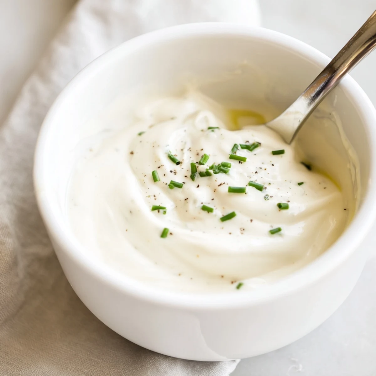 Whisked Creamy Tangy Sauce resting beside herbs, velvety and ready for sandwiches.