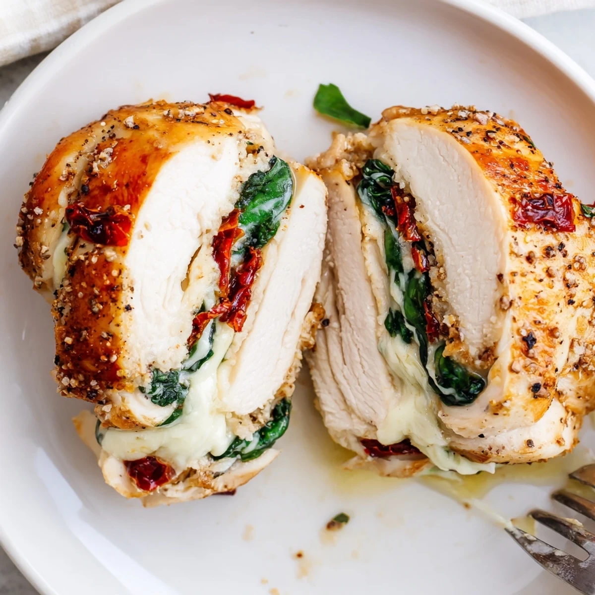 Cheesy Spinach Stuffed Chicken Sun Dried Tomato Flavor seared golden, oozing melty cheese