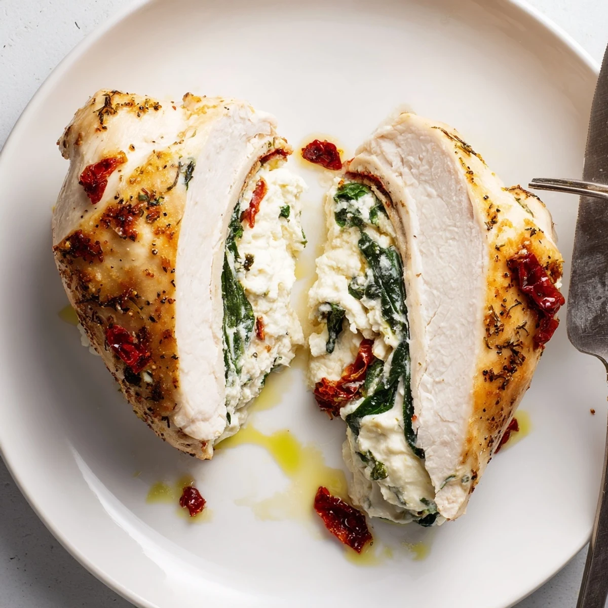 Herb-garnished Cheesy Spinach Stuffed Chicken Sun Dried Tomato Flavor served hot