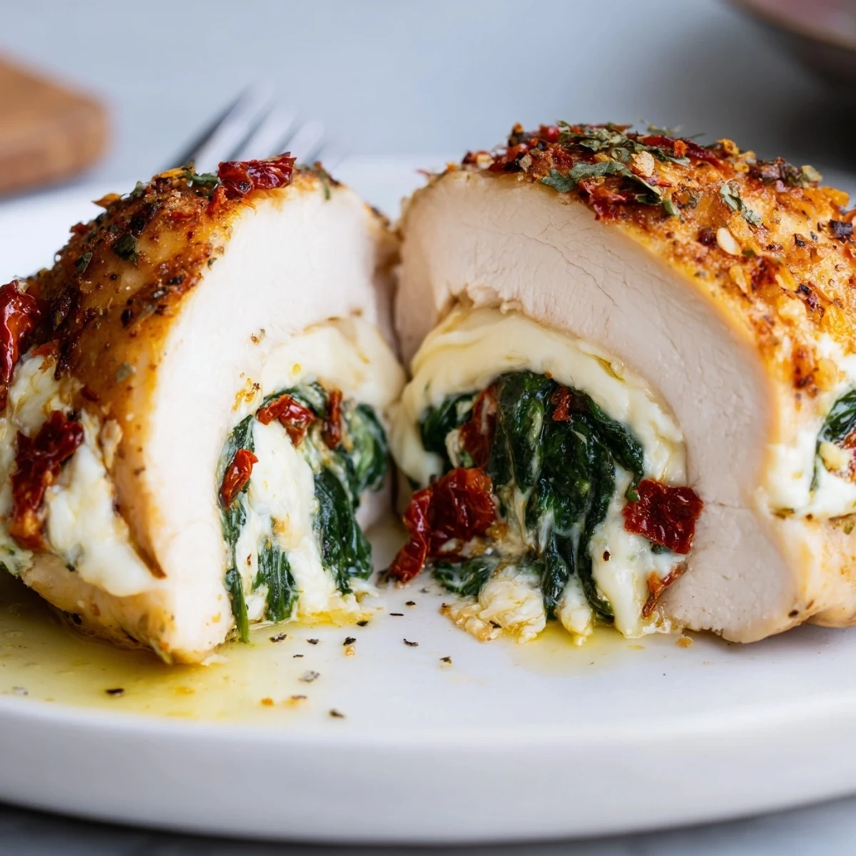 Baked Cheesy Spinach Stuffed Chicken Sun Dried Tomato Flavor with crisped edges
