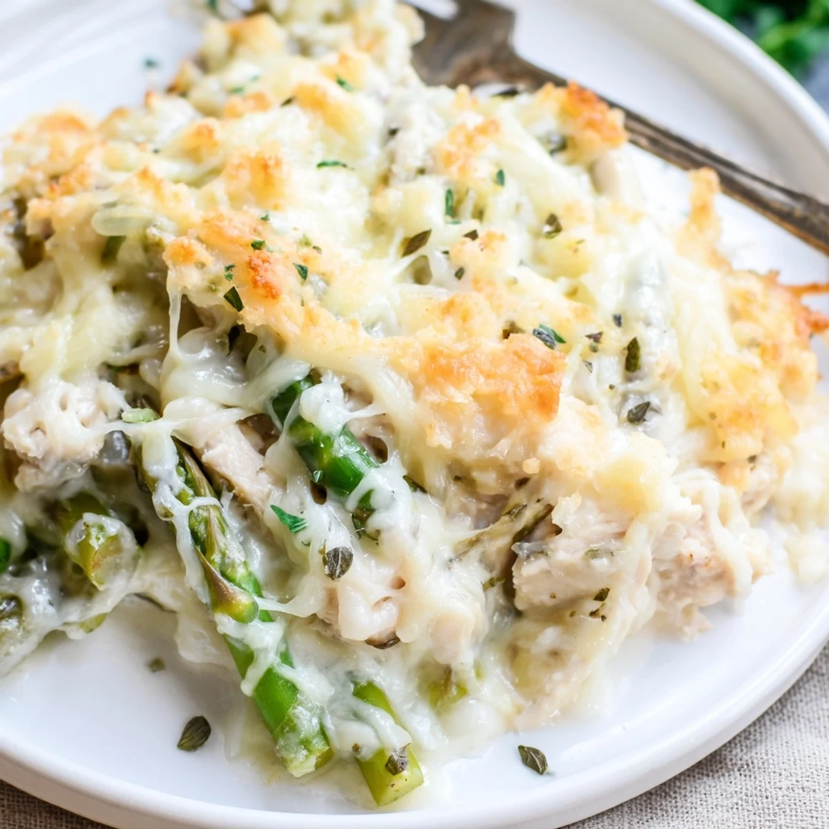 Serve warm Creamy Chicken Asparagus Bake over rice with a crisp green salad