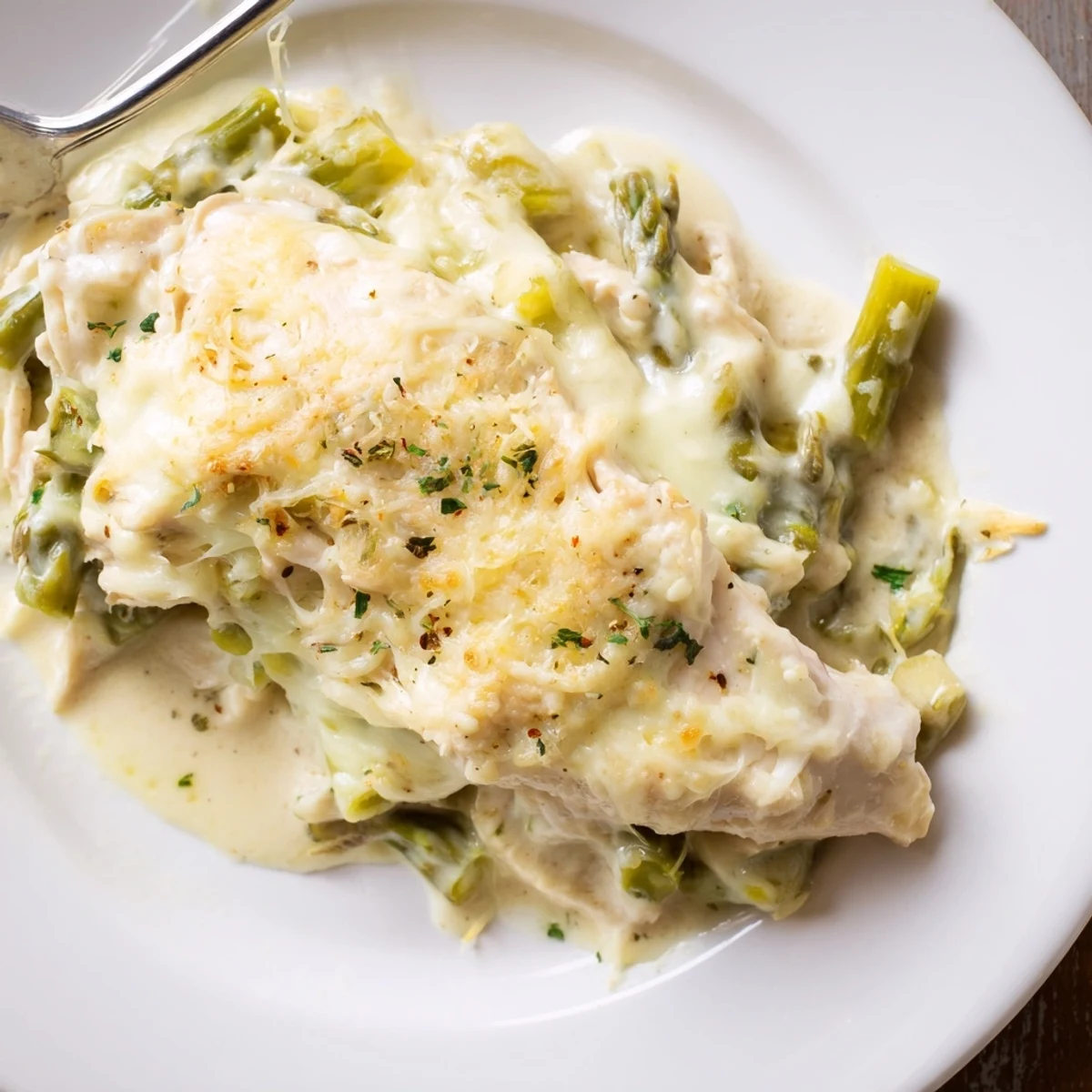 Skillet-simmered Creamy Chicken Asparagus Bake, aromatic garlic and bubbling cream sauce