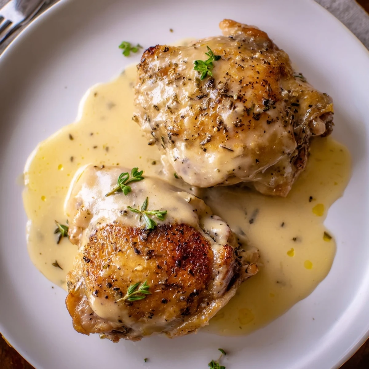 Creamy Garlic Chicken Thighs With Herbs simmering in rich sauce, parsley garnish